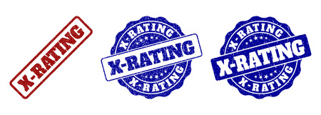X-RATING grunge stamp seals in red and blue colors. Vector X-RATING labels with grunge texture. Graphic elements are rounded rectangles, rosettes, circles and text labels.のイラスト素材