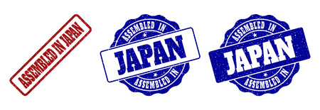 ASSEMBLED IN JAPAN grunge stamp seals in red and blue colors. Vector ASSEMBLED IN JAPAN labels with grunge surface. Graphic elements are rounded rectangles, rosettes, circles and text captions.のイラスト素材