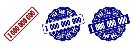 1000000000 scratched stamp seals in red and blue colors. Vector 1000000000 labels with scratced surface. Graphic elements are rounded rectangles, rosettes, circles and text labels.のイラスト素材