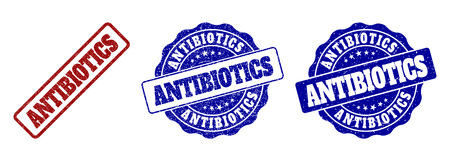 ANTIBIOTICS grunge stamp seals in red and blue colors. Vector ANTIBIOTICS signs with grunge surface. Graphic elements are rounded rectangles, rosettes, circles and text tags.のイラスト素材