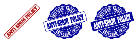 ANTI-SPAM POLICY grunge stamp seals in red and blue colors. Vector ANTI-SPAM POLICY marks with grunge effect. Graphic elements are rounded rectangles, rosettes, circles and text tags.のイラスト素材