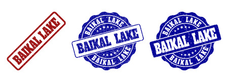 BAIKAL LAKE grunge stamp seals in red and blue colors. Vector BAIKAL LAKE marks with grunge texture. Graphic elements are rounded rectangles, rosettes, circles and text tags.のイラスト素材