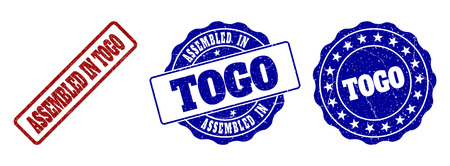 ASSEMBLED IN TOGO grunge stamp seals in red and blue colors. Vector ASSEMBLED IN TOGO marks with grunge effect. Graphic elements are rounded rectangles, rosettes, circles and text labels.のイラスト素材