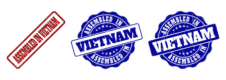 ASSEMBLED IN VIETNAM grunge stamp seals in red and blue colors. Vector ASSEMBLED IN VIETNAM signs with scratced surface. Graphic elements are rounded rectangles, rosettes, circles and text titles.のイラスト素材