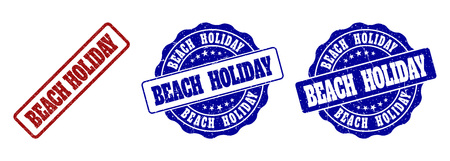 BEACH HOLIDAY grunge stamp seals in red and blue colors. Vector BEACH HOLIDAY labels with grunge style. Graphic elements are rounded rectangles, rosettes, circles and text titles.のイラスト素材