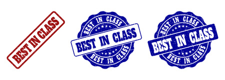 BEST IN CLASS scratched stamp seals in red and blue colors. Vector BEST IN CLASS marks with grainy surface. Graphic elements are rounded rectangles, rosettes, circles and text titles.のイラスト素材