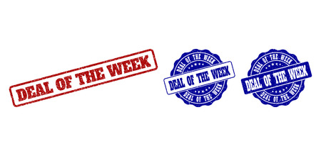 DEAL OF THE WEEK grunge stamp seals in red and blue colors. Vector DEAL OF THE WEEK marks with grunge effect. Graphic elements are rounded rectangles, rosettes, circles and text labels.のイラスト素材