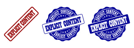 EXPLICIT CONTENT grunge stamp seals in red and blue colors. Vector EXPLICIT CONTENT labels with grunge style. Graphic elements are rounded rectangles, rosettes, circles and text captions.のイラスト素材