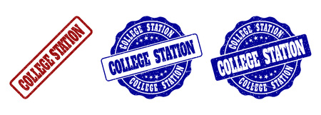 COLLEGE STATION scratched stamp seals in red and blue colors. Vector COLLEGE STATION labels with scratced texture. Graphic elements are rounded rectangles, rosettes, circles and text labels.のイラスト素材