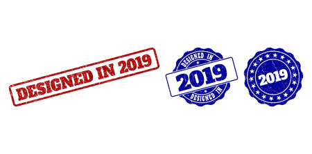 DESIGNED IN 2019 grunge stamp seals in red and blue colors. Vector DESIGNED IN 2019 overlays with grunge effect. Graphic elements are rounded rectangles, rosettes, circles and text captions.のイラスト素材