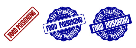 FOOD POISONING grunge stamp seals in red and blue colors. Vector FOOD POISONING imprints with grunge texture. Graphic elements are rounded rectangles, rosettes, circles and text tags.のイラスト素材