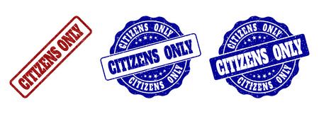 CITIZENS ONLY grunge stamp seals in red and blue colors. Vector CITIZENS ONLY labels with grunge surface. Graphic elements are rounded rectangles, rosettes, circles and text captions.のイラスト素材