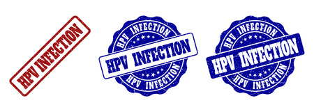 HPV INFECTION grunge stamp seals in red and blue colors. Vector HPV INFECTION overlays with grunge texture. Graphic elements are rounded rectangles, rosettes, circles and text labels.のイラスト素材
