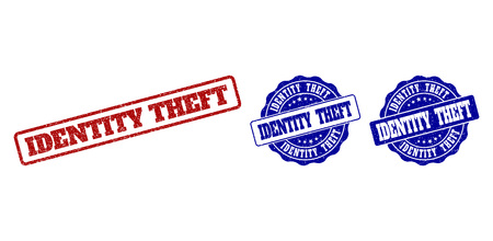 IDENTITY THEFT grunge stamp seals in red and blue colors. Vector IDENTITY THEFT imprints with grunge texture. Graphic elements are rounded rectangles, rosettes, circles and text labels.のイラスト素材