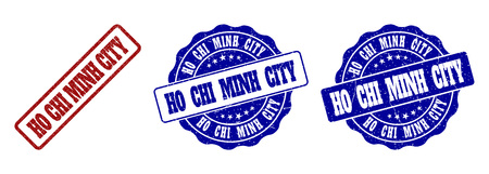 HO CHI MINH CITY scratched stamp seals in red and blue colors. Vector HO CHI MINH CITY imprints with grainy surface. Graphic elements are rounded rectangles, rosettes, circles and text captions.のイラスト素材