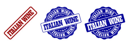 ITALIAN WINE grunge stamp seals in red and blue colors. Vector ITALIAN WINE signs with scratced texture. Graphic elements are rounded rectangles, rosettes, circles and text labels.のイラスト素材