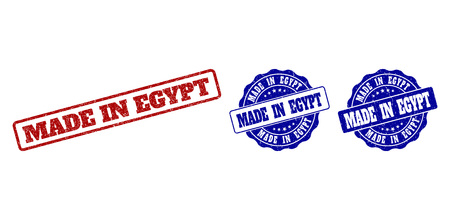 MADE IN EGYPT grunge stamp seals in red and blue colors. Vector MADE IN EGYPT imprints with grunge style. Graphic elements are rounded rectangles, rosettes, circles and text tags.のイラスト素材