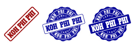 KOH PHI grunge stamp seals in red and blue colors. Vector KOH PHI imprints with grunge style. Graphic elements are rounded rectangles, rosettes, circles and text captions.のイラスト素材