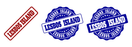 LESBOS ISLAND scratched stamp seals in red and blue colors. Vector LESBOS ISLAND labels with grainy style. Graphic elements are rounded rectangles, rosettes, circles and text labels.のイラスト素材