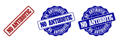 NO ANTIBIOTIC scratched stamp seals in red and blue colors. Vector NO ANTIBIOTIC marks with scratced effect. Graphic elements are rounded rectangles, rosettes, circles and text titles.のイラスト素材