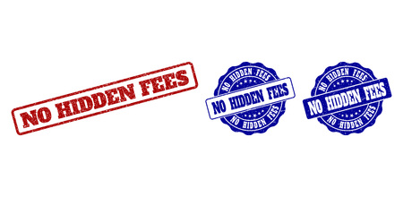NO HIDDEN FEES grunge stamp seals in red and blue colors. Vector NO HIDDEN FEES marks with grunge effect. Graphic elements are rounded rectangles, rosettes, circles and text captions.のイラスト素材