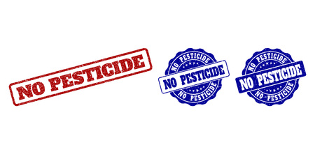 NO PESTICIDE scratched stamp seals in red and blue colors. Vector NO PESTICIDE imprints with distress effect. Graphic elements are rounded rectangles, rosettes, circles and text labels.のイラスト素材
