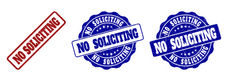 NO SOLICITING grunge stamp seals in red and blue colors. Vector NO SOLICITING watermarks with grunge effect. Graphic elements are rounded rectangles, rosettes, circles and text captions.のイラスト素材