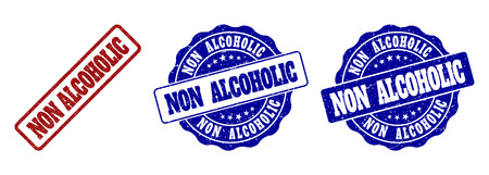 NON ALCOHOLIC scratched stamp seals in red and blue colors. Vector NON ALCOHOLIC labels with grainy surface. Graphic elements are rounded rectangles, rosettes, circles and text labels.のイラスト素材