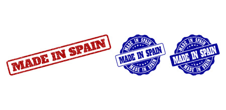 MADE IN SPAIN scratched stamp seals in red and blue colors. Vector MADE IN SPAIN watermarks with distress surface. Graphic elements are rounded rectangles, rosettes, circles and text tags.のイラスト素材