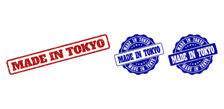 MADE IN TOKYO grunge stamp seals in red and blue colors. Vector MADE IN TOKYO watermarks with grunge surface. Graphic elements are rounded rectangles, rosettes, circles and text titles.のイラスト素材