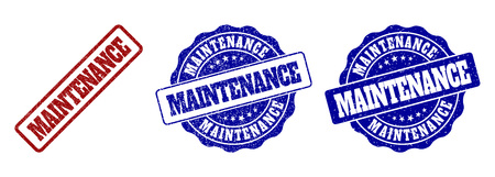 MAINTENANCE scratched stamp seals in red and blue colors. Vector MAINTENANCE watermarks with dirty surface. Graphic elements are rounded rectangles, rosettes, circles and text labels.のイラスト素材