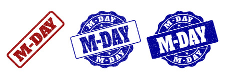 M-DAY grunge stamp seals in red and blue colors. Vector M-DAY overlays with grunge surface. Graphic elements are rounded rectangles, rosettes, circles and text titles.のイラスト素材