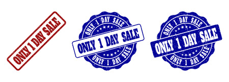 ONLY 1 DAY SALE grunge stamp seals in red and blue colors. Vector ONLY 1 DAY SALE signs with grunge surface. Graphic elements are rounded rectangles, rosettes, circles and text tags.のイラスト素材