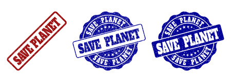 SAVE PLANET grunge stamp seals in red and blue colors. Vector SAVE PLANET watermarks with grunge surface. Graphic elements are rounded rectangles, rosettes, circles and text titles.のイラスト素材