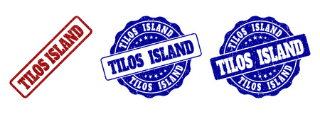 TILOS ISLAND grunge stamp seals in red and blue colors. Vector TILOS ISLAND overlays with grunge surface. Graphic elements are rounded rectangles, rosettes, circles and text titles.のイラスト素材