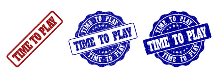 TIME TO PLAY grunge stamp seals in red and blue colors. Vector TIME TO PLAY signs with dirty effect. Graphic elements are rounded rectangles, rosettes, circles and text titles.のイラスト素材