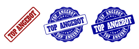 TOP ANGEBOT grunge stamp seals in red and blue colors. Vector TOP ANGEBOT labels with grainy texture. Graphic elements are rounded rectangles, rosettes, circles and text labels.のイラスト素材