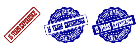 15 YEARS EXPERIENCE grunge stamp seals in red and blue colors. Vector 15 YEARS EXPERIENCE marks with grunge surface. Graphic elements are rounded rectangles, rosettes, circles and text captions.のイラスト素材