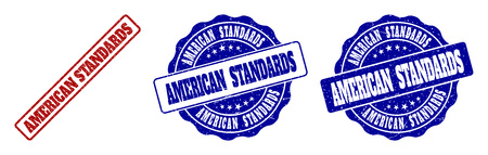 AMERICAN STANDARDS grunge stamp seals in red and blue colors. Vector AMERICAN STANDARDS labels with grunge style. Graphic elements are rounded rectangles, rosettes, circles and text captions.のイラスト素材