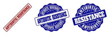 ANTIBIOTIC RESISTANCE grunge stamp seals in red and blue colors. Vector ANTIBIOTIC RESISTANCE watermarks with grunge effect. Graphic elements are rounded rectangles, rosettes,のイラスト素材