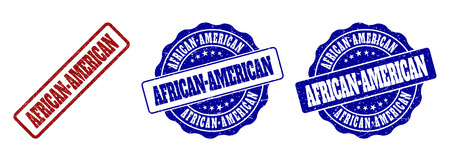 AFRICAN-AMERICAN scratched stamp seals in red and blue colors. Vector AFRICAN-AMERICAN watermarks with grainy effect. Graphic elements are rounded rectangles, rosettes, circles and text titles.のイラスト素材