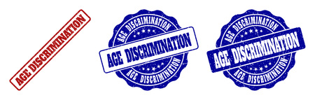 AGE DISCRIMINATION grunge stamp seals in red and blue colors. Vector AGE DISCRIMINATION imprints with grunge texture. Graphic elements are rounded rectangles, rosettes, circles and text captions.のイラスト素材