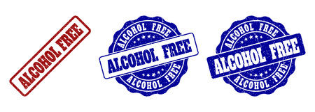 ALCOHOL FREE grunge stamp seals in red and blue colors. Vector ALCOHOL FREE signs with grainy style. Graphic elements are rounded rectangles, rosettes, circles and text captions.のイラスト素材
