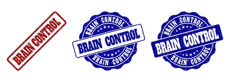 BRAIN CONTROL grunge stamp seals in red and blue colors. Vector BRAIN CONTROL labels with grunge surface. Graphic elements are rounded rectangles, rosettes, circles and text labels.のイラスト素材