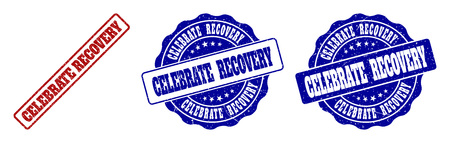 CELEBRATE RECOVERY scratched stamp seals in red and blue colors. Vector CELEBRATE RECOVERY overlays with grunge effect. Graphic elements are rounded rectangles, rosettes, circles and text captions.のイラスト素材