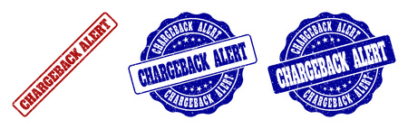 CHARGEBACK ALERT grunge stamp seals in red and blue colors. Vector CHARGEBACK ALERT imprints with dirty surface. Graphic elements are rounded rectangles, rosettes, circles and text tags.のイラスト素材