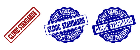 CLINIC STANDARDS grunge stamp seals in red and blue colors. Vector CLINIC STANDARDS labels with grunge effect. Graphic elements are rounded rectangles, rosettes, circles and text tags.のイラスト素材