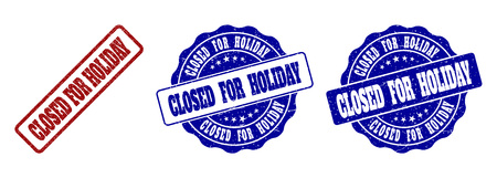 CLOSED FOR HOLIDAY scratched stamp seals in red and blue colors. Vector CLOSED FOR HOLIDAY marks with scratced texture. Graphic elements are rounded rectangles, rosettes, circles and text tags.のイラスト素材