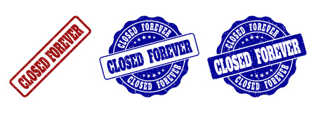 CLOSED FOREVER grunge stamp seals in red and blue colors. Vector CLOSED FOREVER marks with grunge style. Graphic elements are rounded rectangles, rosettes, circles and text titles.のイラスト素材