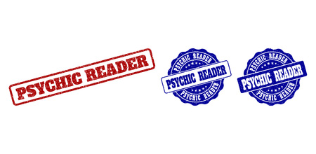 PSYCHIC READER scratched stamp seals in red and blue colors. Vector PSYCHIC READER labels with distress effect. Graphic elements are rounded rectangles, rosettes, circles and text labels.のイラスト素材